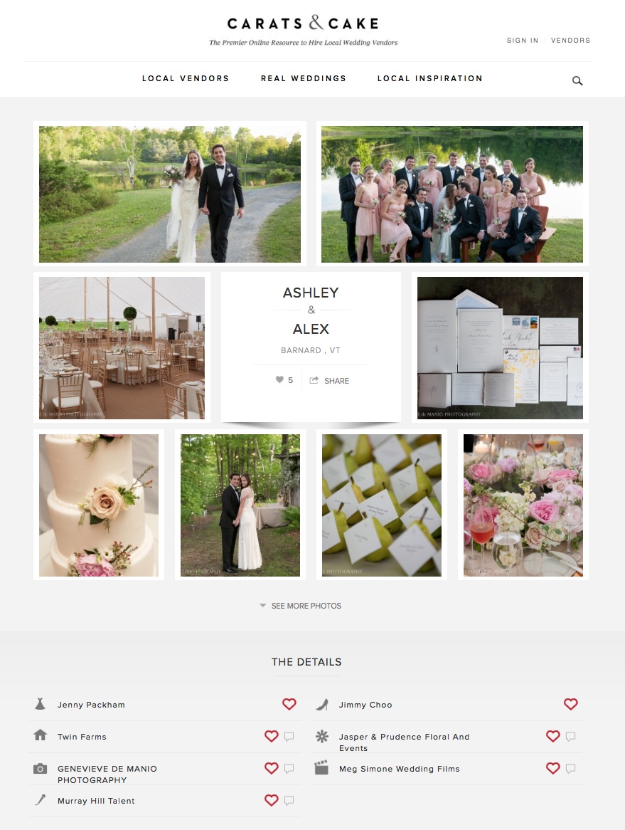 VT Wedding at Twin Farms Featured on Carats &amp; Cake